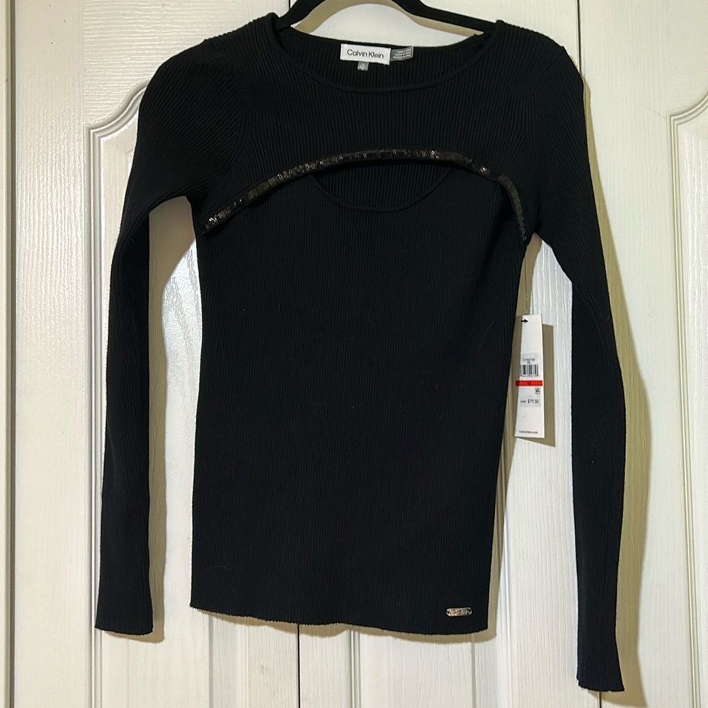 Calvin Klein Womens Cutout Ribbed Knit Pullover Sweater